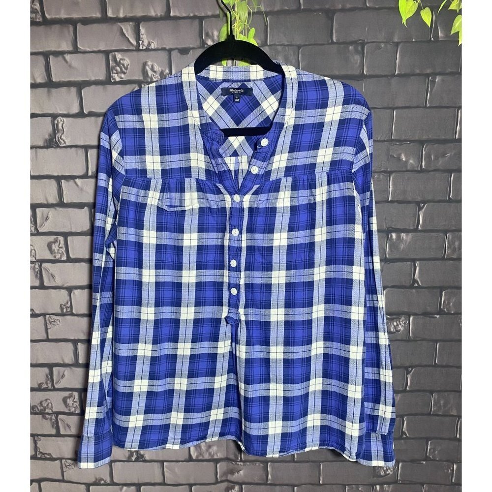 Madewell Tab Collar Blue Plaid Long Sleeve Lightweight Flannel Tunic L - Picture 2 of 5